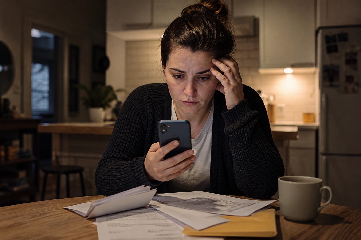 Woman at a kitchen table at night looking at bills and her phone — financial anxiety therapy Canada