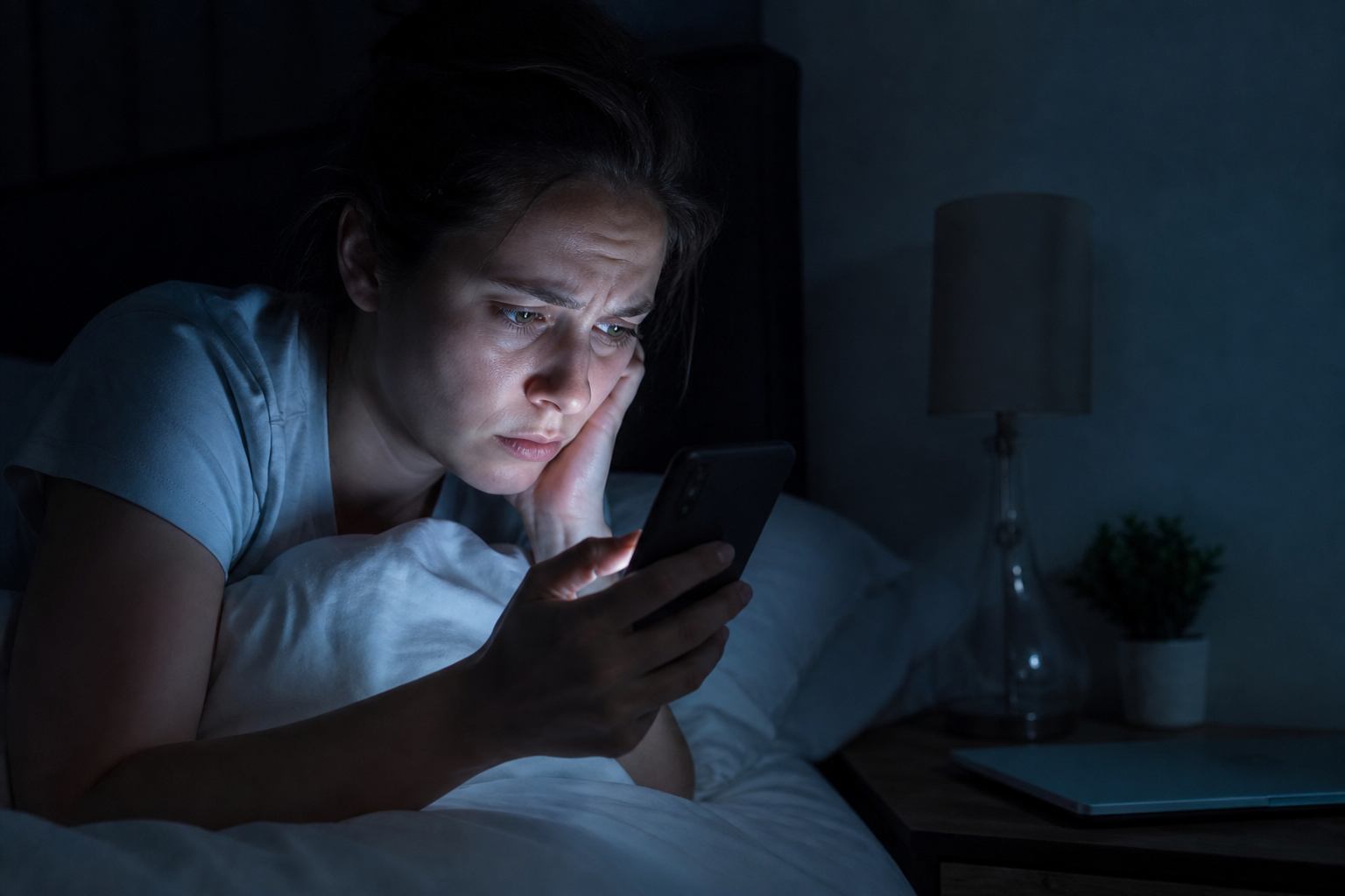 Woman in bed at night lit by her phone while searching health symptoms — health anxiety therapy Canada