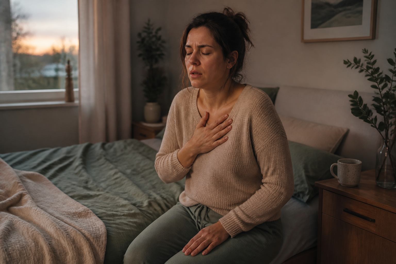 Woman sitting on the edge of a bed with her hand on her chest during a panic attack — panic vs anxiety attack Canada