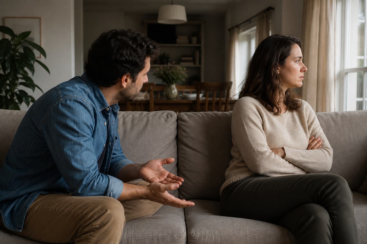 Couple on a couch in conflict — one partner turned away while the other tries to talk — couples therapy Canada
