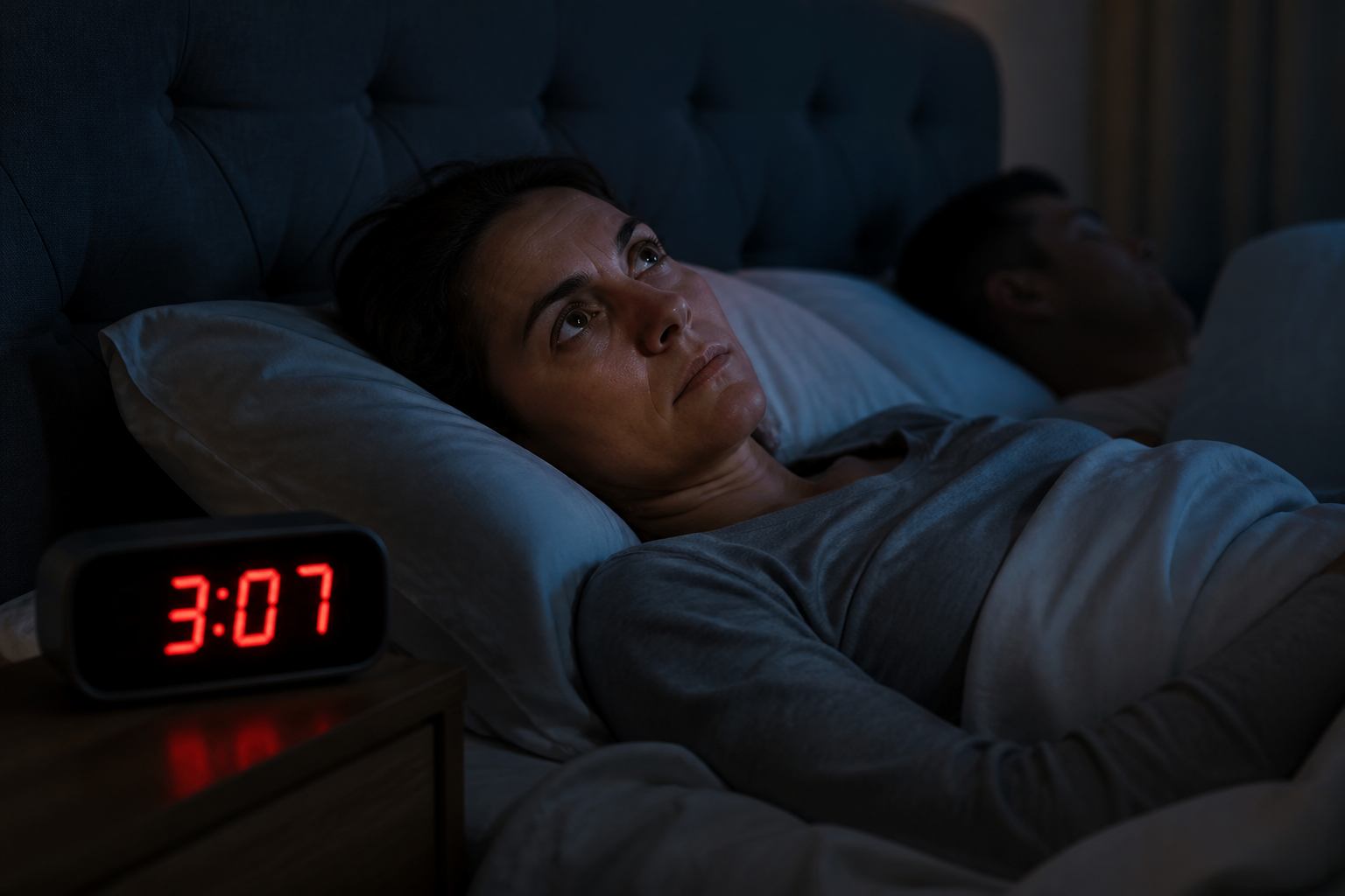 Woman awake in bed at 3:07 a.m. while her partner sleeps — night anxiety therapy Canada